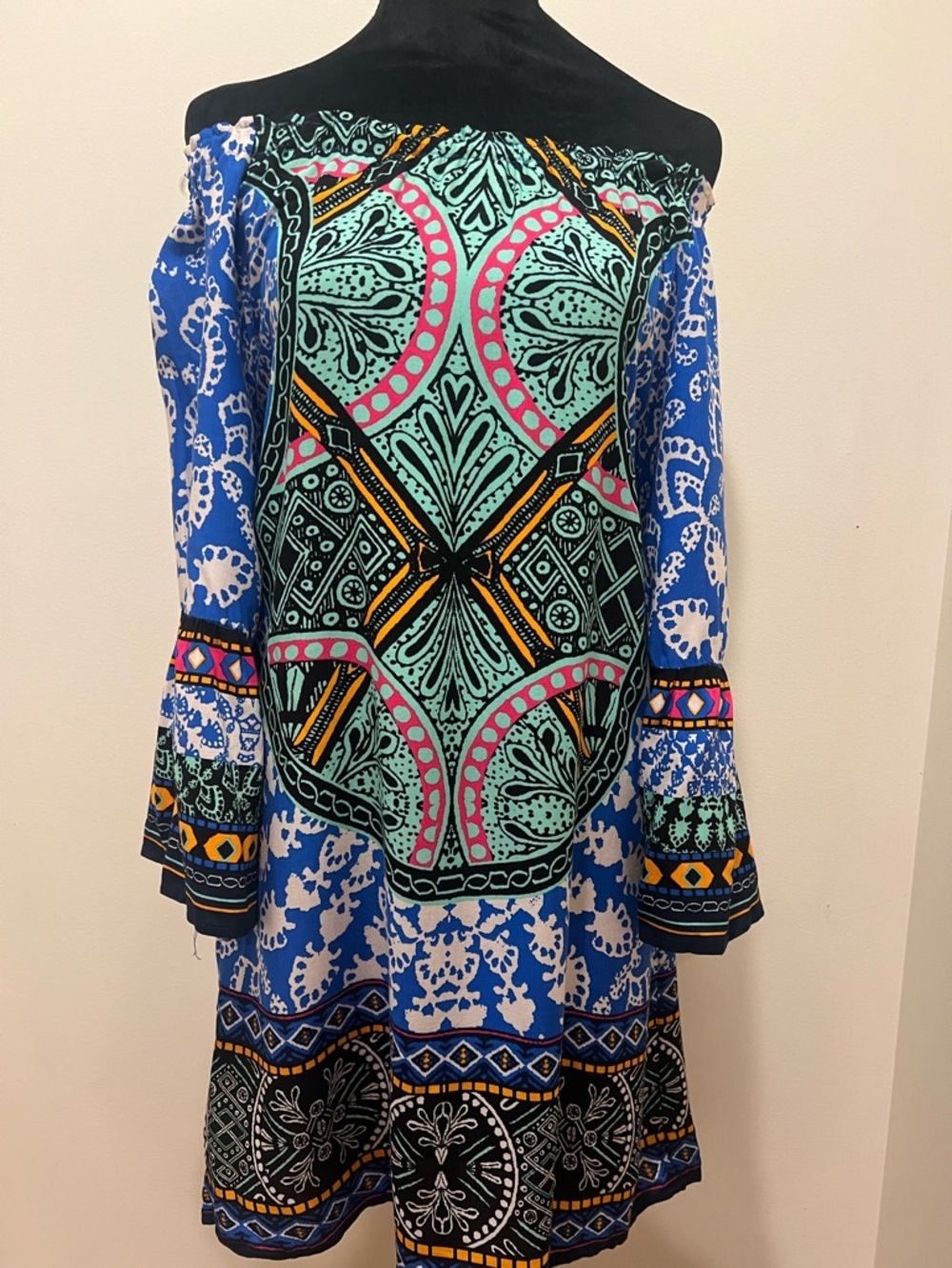 Boho Off Shoulder Shift Dress Small Blue Pink Tribal Print Bell Sleeve Lined - Picture 6 of 15